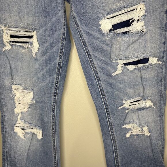 Silver Boyfriend Denim Jeans Distressed With patches Western Glove Works Size 27 - Picture 4 of 9